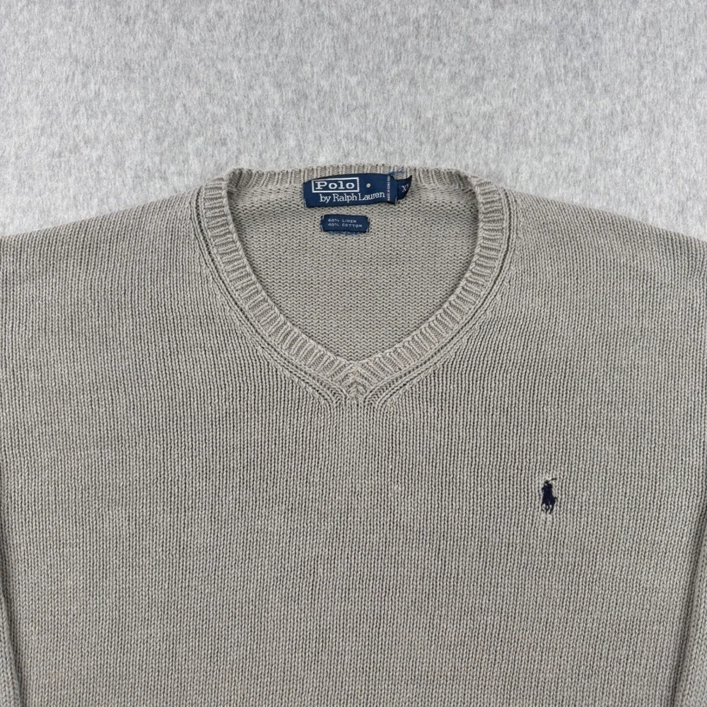 Vintage Polo Ralph Lauren Sweater Mens XL Gray V Neck Linen Blend Knit Pullover